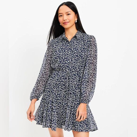 LOFT Dresses & Skirts - LOFT  Ruffled Bishop long sleeve Button front lined gauze dress size XL Navy NWT